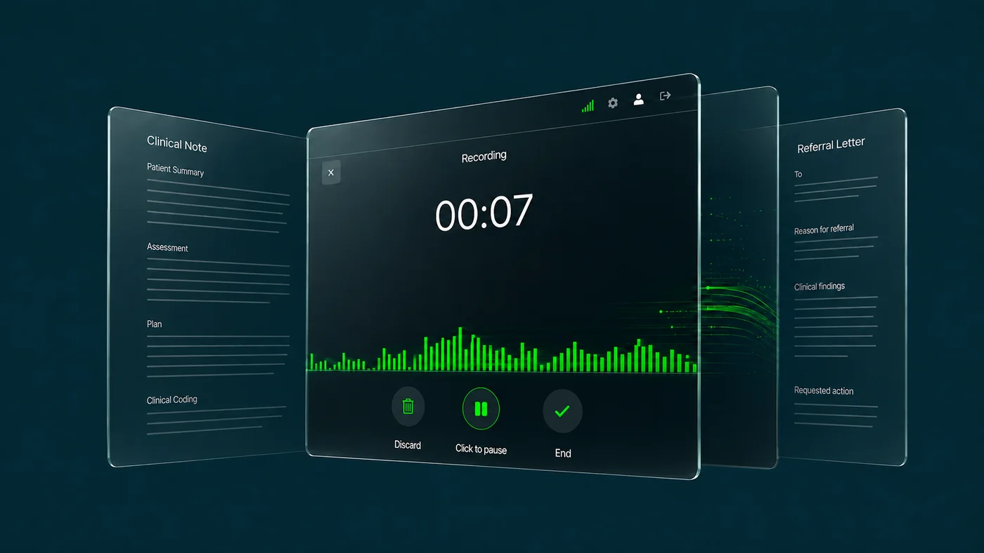 Omni recording interface generating a clinical note with coding and a referral letter