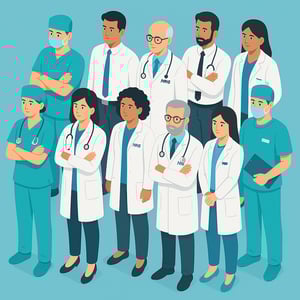 isometric Generate an image of a group of doctors both male and female all different specialists of various departments of a general hospital Some of-1