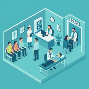 isometric Generate an image of a healthcare clinic Make the background theme blueturquoise colour-1
