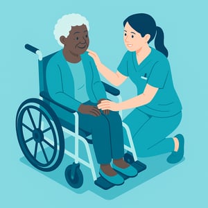 isometric Generate an image of a nurse tending to a happy old lady in a wheel chair Make the skin color of the old lady black and the ethnicity of the-1