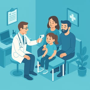 isometric Generate an image of a white male doctor checking the temperature of a young female child in a clinic setting The childs parents should be s-1