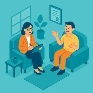 isometric Generate me an image of a Psychiatrist talking with a patient Make them seem happy Only their bodies should be coloured Make the theme of th