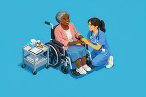 isometric isometric Generate an image of a nurse tending to a happy old lady in a wheel chair Make the skin color of the old lady black and the ethnic