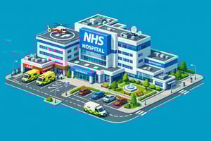 isometric isometric Generate an image of an NHS hospital1 with cyan background