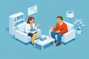 isometric isometric Generate me an image of a Psychiatrist talking with a patient Make them seem happy Only their bodies should be coloured with cyan-1