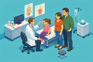 isometric isometric isometric Generate an image of a white male doctor checking the temperature of a young female child in a clinic setting The childs-1